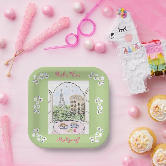Whimsical Paris and Eiffel Tower Parley MAHJONG Papieren Bordje (Feest)