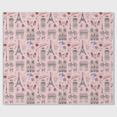 Whimsical Paris Doodles Pink Wrapping Paper Cadeaupapier (Vlak)
