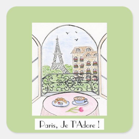 Whimsical Paris Eiffel Tower PARIS JE T'ADORE Vierkante Sticker (Voorkant)