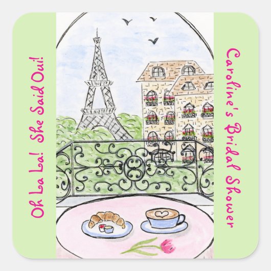 Whimsical Paris Eiffeltoren BRUILOFTSFEestJE Vierkante Sticker (Voorkant)