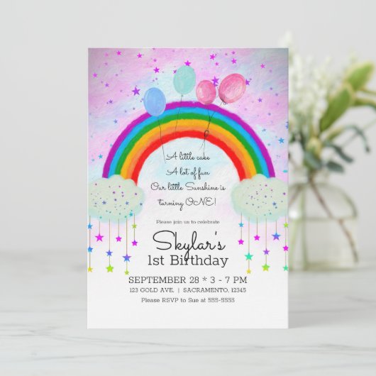 Whimsical Party Ballonnen Regenboog Sterren 1e 1 Kaart (Staand voorkant)