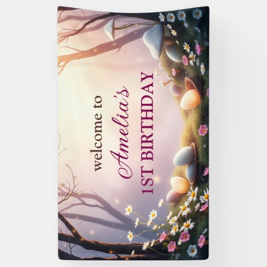 Whimsical Pasen Thema 1e verjaardag Welkom Teken Spandoek (Verticaal)