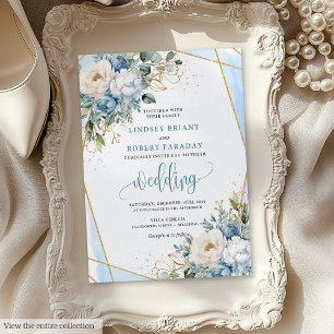 Whimsical Pastel Blau Salie Goud Bloemen Uitnodigi Kaart