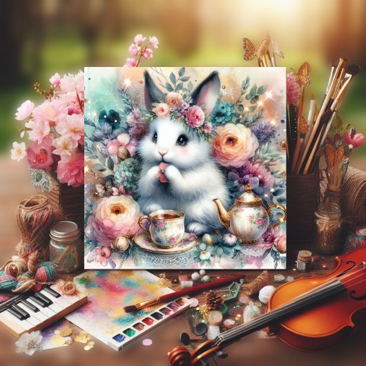 Whimsical Pastel Bloemen Paashaas Theetuin Feestdagenkaart