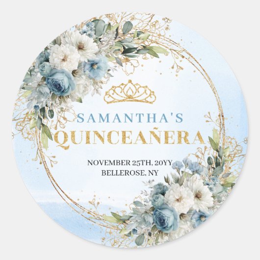 Whimsical Pastel Blue Gold Eucalyptus Quinceañera  Ronde Sticker (Voorkant)