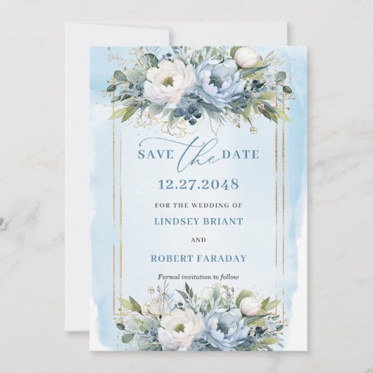 Whimsical Pastel Blue White Gold Flowers Save Date Kaart (Voorkant)