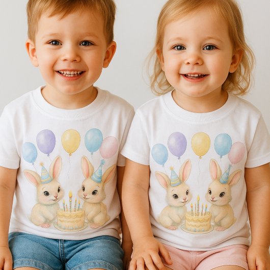 Whimsical Pastel Bunny Twins Birthday T-Shirt