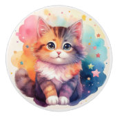 Whimsical Pastel Cartoon Cat with Stars Watercolor Keramische Knop (Voorkant)