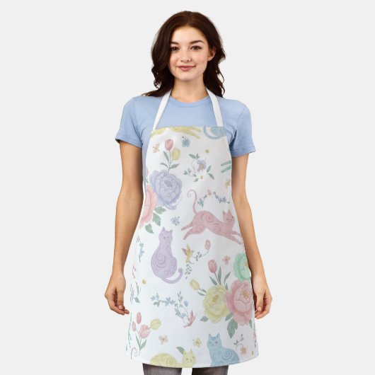 Whimsical Pastel Cats and Peonies Floral Apron Schort (Gedragen)