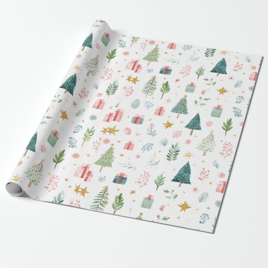 Whimsical Pastel Christmas Pattern Wrapping Paper Cadeaupapier (Uitgerold)
