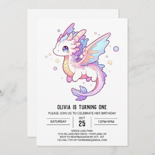 Whimsical Pastel Dragon 1e verjaardag Kaart (Voorkant / Achterkant)