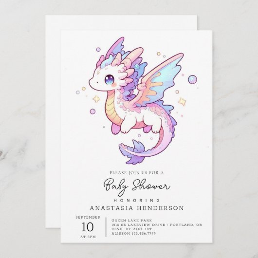 Whimsical Pastel Dragon Baby shower Kaart (Voorkant / Achterkant)