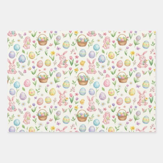 Whimsical Pastel Easter Bunny & Floral Pattern Inpakpapier Vel (Voorkant)