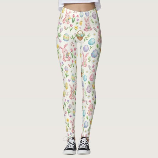 Whimsical Pastel Easter Bunny & Floral Pattern Leggings (Voorkant)