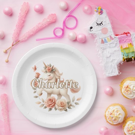 Whimsical pastel eenhoorn met rozen papieren bordje (Feest)