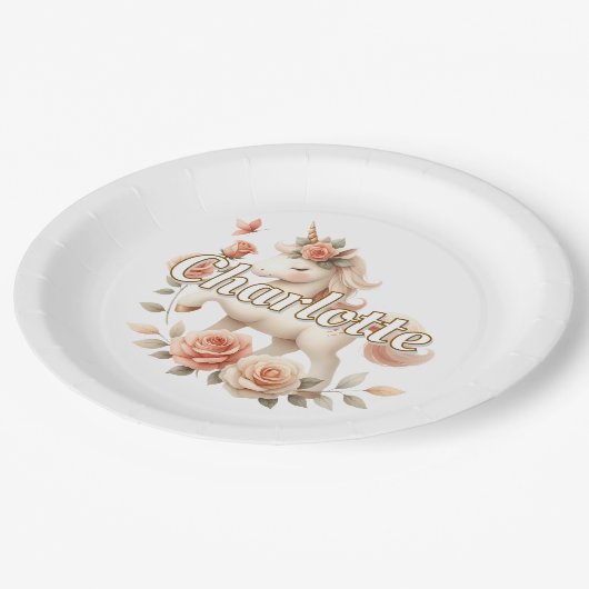 Whimsical pastel eenhoorn met rozen papieren bordje (Gekanteld)