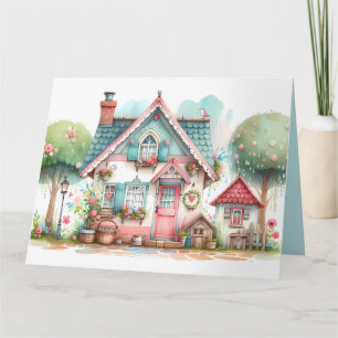 Whimsical Pastel Fairy Tale Cottage Art Kaart