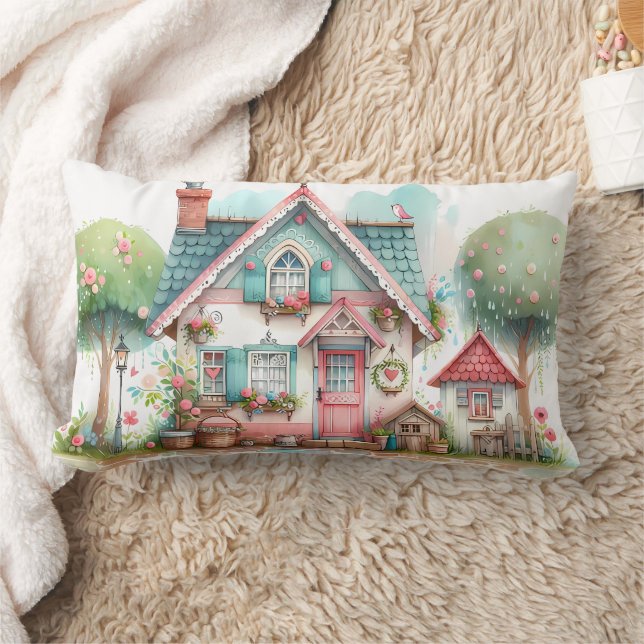 Whimsical Pastel Fairy Tale Cottage Art Kussen (Deken)