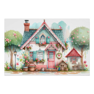 Whimsical Pastel Fairy Tale Cottage Art Perfect Poster