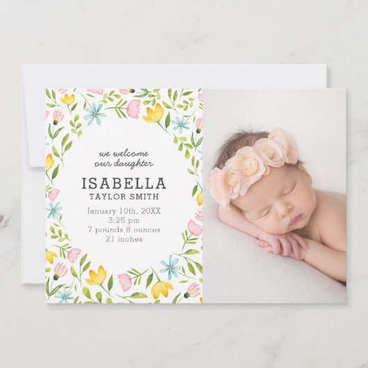 Whimsical Pastel Flowers Baby Foto Geboorte Aankondiging (Voorkant)