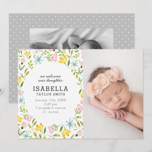 Whimsical Pastel Flowers Baby Foto Geboorte Aankondiging (Voorkant / Achterkant)