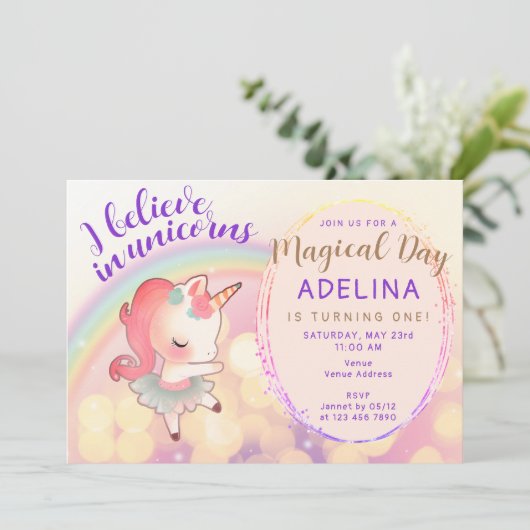 Whimsical Pastel Geloof In Eenhoorns 1e Verjaardag Kaart (Staand voorkant)