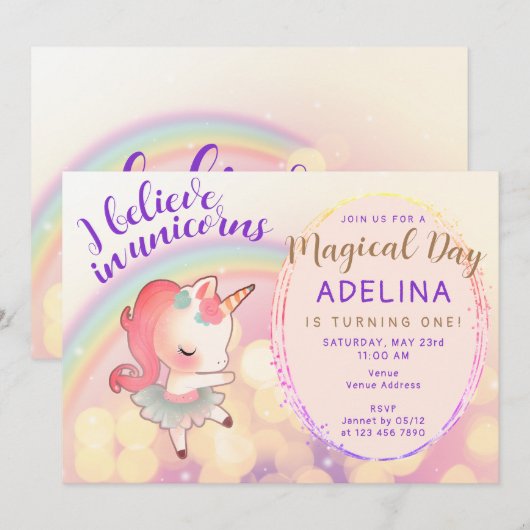 Whimsical Pastel Geloof In Eenhoorns 1e Verjaardag Kaart (Voorkant / Achterkant)