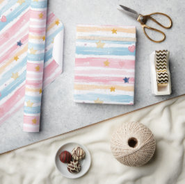 Whimsical Pastel Gestreept Hart en Sterrenpatroon  Cadeaupapier