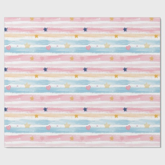 Whimsical Pastel Gestreept Hart en Sterrenpatroon Cadeaupapier (Vlak)
