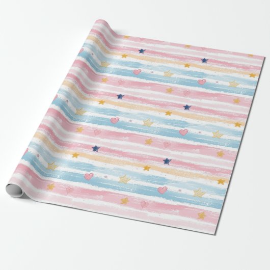 Whimsical Pastel Gestreept Hart en Sterrenpatroon Cadeaupapier (Uitgerold)