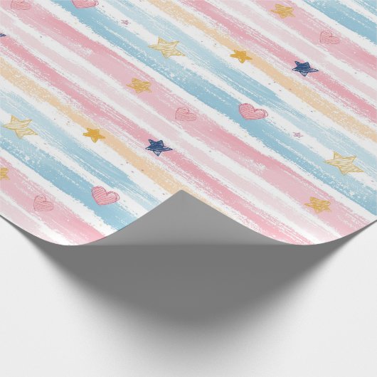 Whimsical Pastel Gestreept Hart en Sterrenpatroon Cadeaupapier (Hoek)