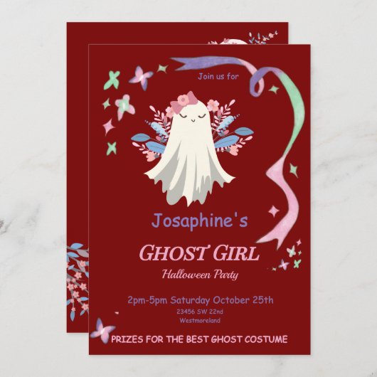 Whimsical Pastel Ghost Girl Halloween Party Uitnod (Voorkant / Achterkant)