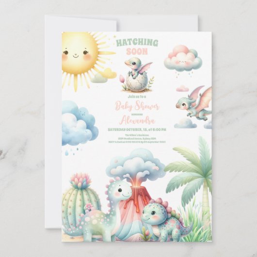 Whimsical Pastel Hatching Soon Dino Baby shower Kaart (Voorkant)