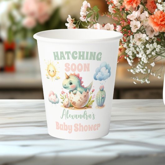 Whimsical Pastel Hatching Soon Dino Baby shower Papieren Bekers