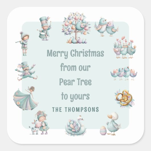 Whimsical Pastel Kleuren 12 Dagen van Kerstmis Vierkante Sticker (Voorkant)