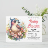 Whimsical Pastel Pink Bird Baby shower Kaart (Staand voorkant)