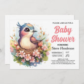 Whimsical Pastel Pink Bird Baby shower Kaart (Voorkant / Achterkant)