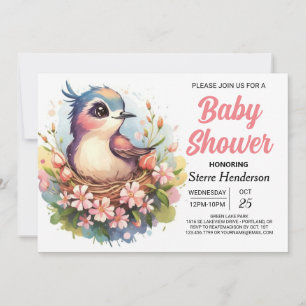 Whimsical Pastel Pink Bird Baby shower Kaart