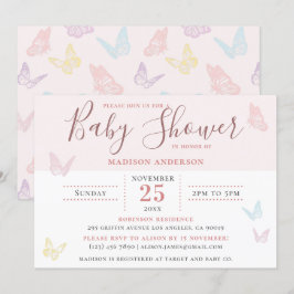 Whimsical Pastel Pink Butterfly Girl Baby shower Kaart
