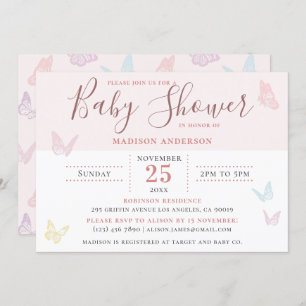 Whimsical Pastel Pink Butterfly Girl Baby shower Kaart