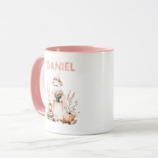 Whimsical Pastel Pink Ghost Pumpkin Halloween Mok (Voorkant links)