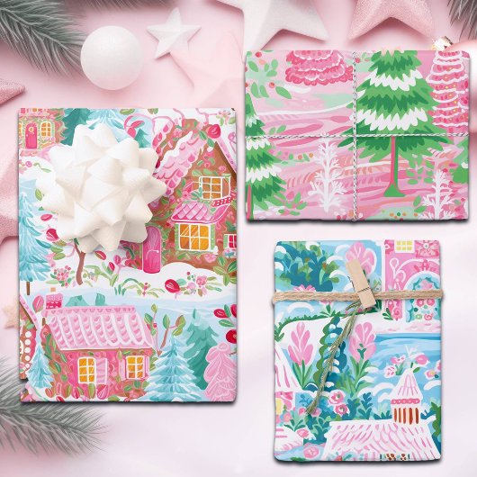 Whimsical Pastel Pink Gingerbread Village, Inpakpapier Vel