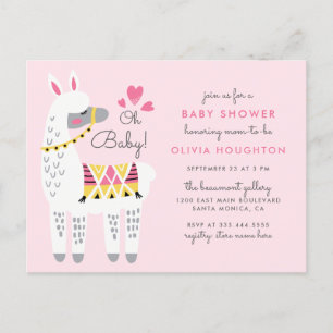 Whimsical Pastel Pink Llama Oh Baby shower Uitnodiging Briefkaart