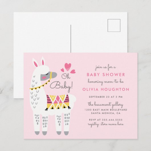 Whimsical Pastel Pink Llama Oh Baby shower Uitnodiging Briefkaart (Voorkant / Achterkant)