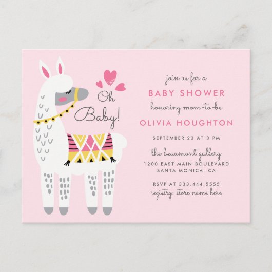 Whimsical Pastel Pink Llama Oh Baby shower Uitnodiging Briefkaart (Voorkant)