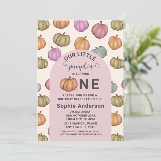 Whimsical Pastel Pompoen Eerste Verjaardagsfeest Kaart (Staand voorkant)