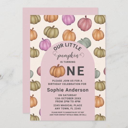 Whimsical Pastel Pompoen Eerste Verjaardagsfeest Kaart (Voorkant / Achterkant)