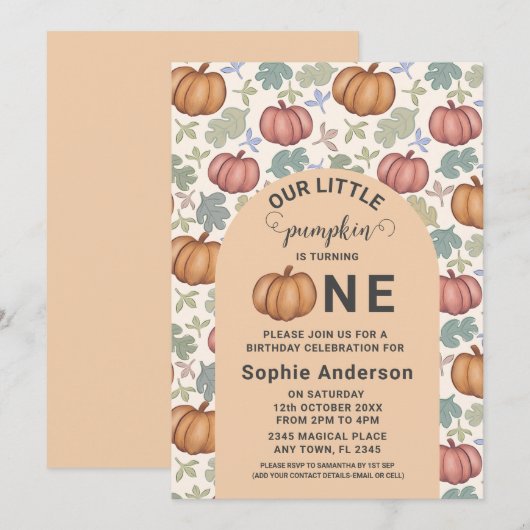 Whimsical Pastel Pompoen Eerste Verjaardagsfeest Kaart (Voorkant / Achterkant)