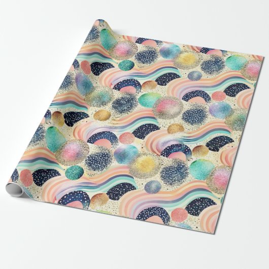 Whimsical Pastel Rainbow Waves & Glitter Abstract Cadeaupapier (Uitgerold)