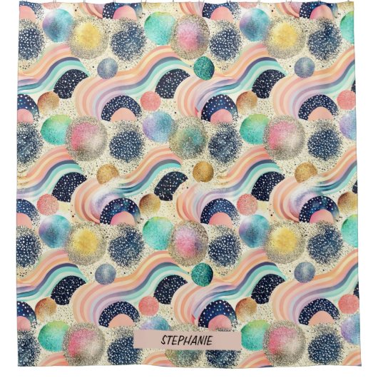 Whimsical Pastel Rainbow Waves & Glitter Abstract Douchegordijn (Voorkant)